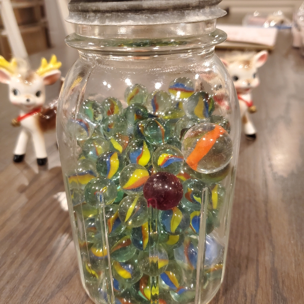 Vintage Ball Glass Jar full of Cats Eye marbles